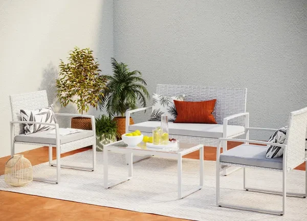 ESNA Conjunto de mobiliário de jardim baixo de 4 lugares em resina tecida