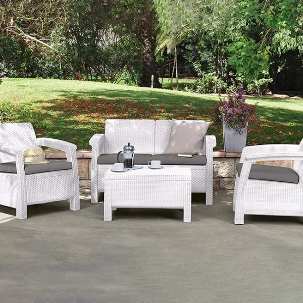 Keter Corfù branco Sofá e mesa de centro em rotim Corfù conjunto completo de sala de estar para jardim