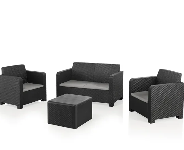 Conjunto de jardim relax resina mesa com arrumação e sofás cinzento 4 lugares Novo Naterial