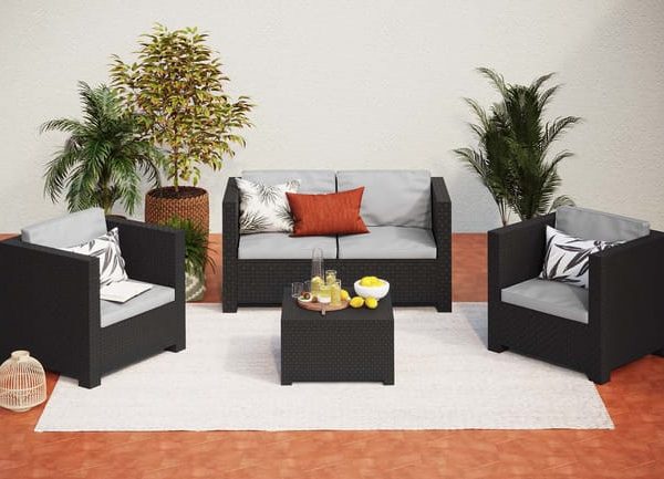 ANKARA Conjunto de mobiliário de jardim de 4 lugares em resina injectada cinzenta + caixa