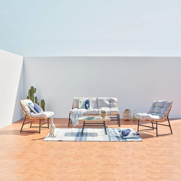 GUAHANA Conjunto de mobiliário de jardim baixo de 4 lugares em resina de vime e aço