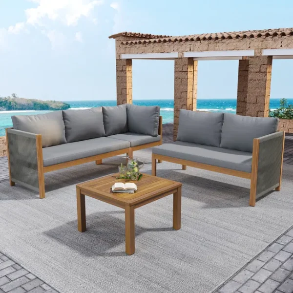 Conjunto de jardim 5 lugares, sofá angular + mesa de centro, estrutura de acácia, em corda trançada, cinza